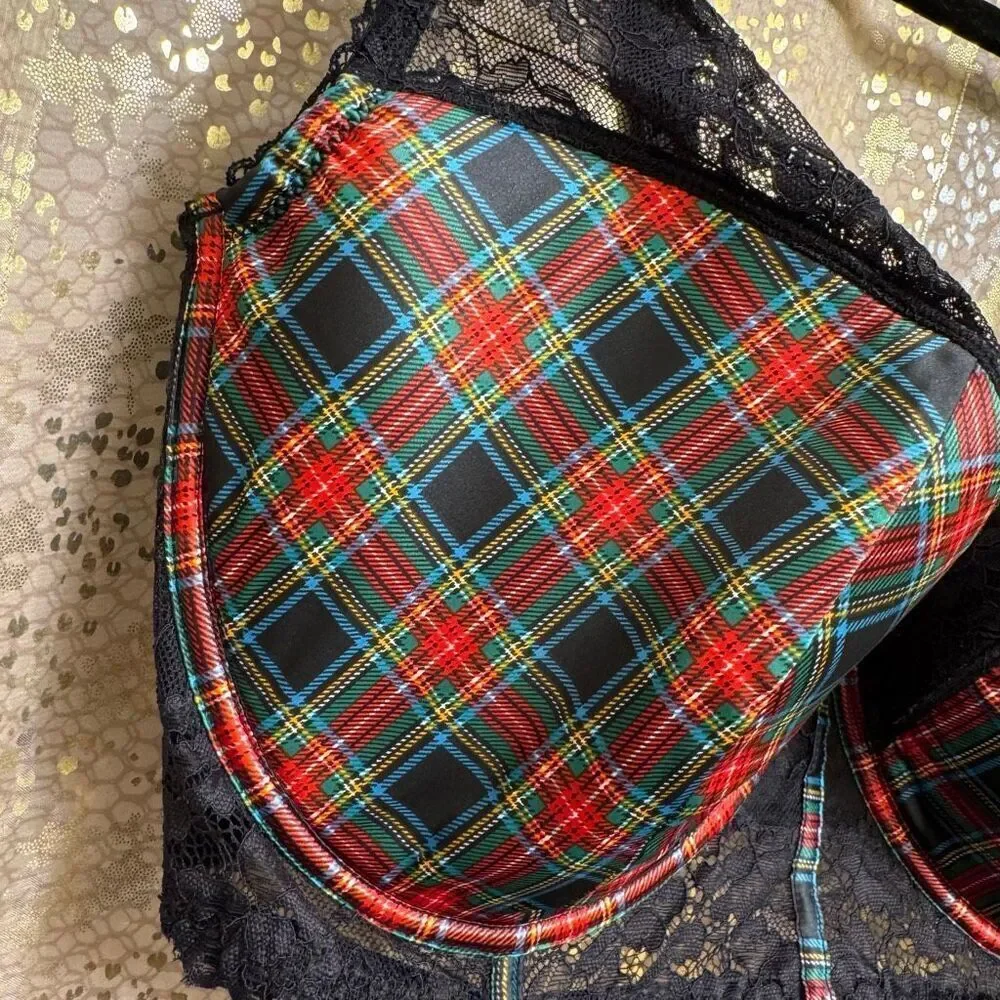 Adore Me Red Green Plaid Rochelle Plus Black Lace Bra Lingerie‎ Set 40H 2X